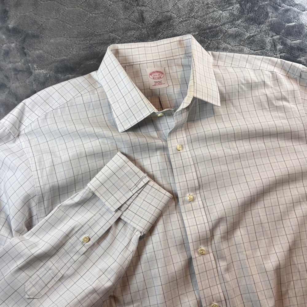 Brooks Brothers Regular Fit Non Iron Cotton Gingham Dress Shirt Mens 17 1/2 37